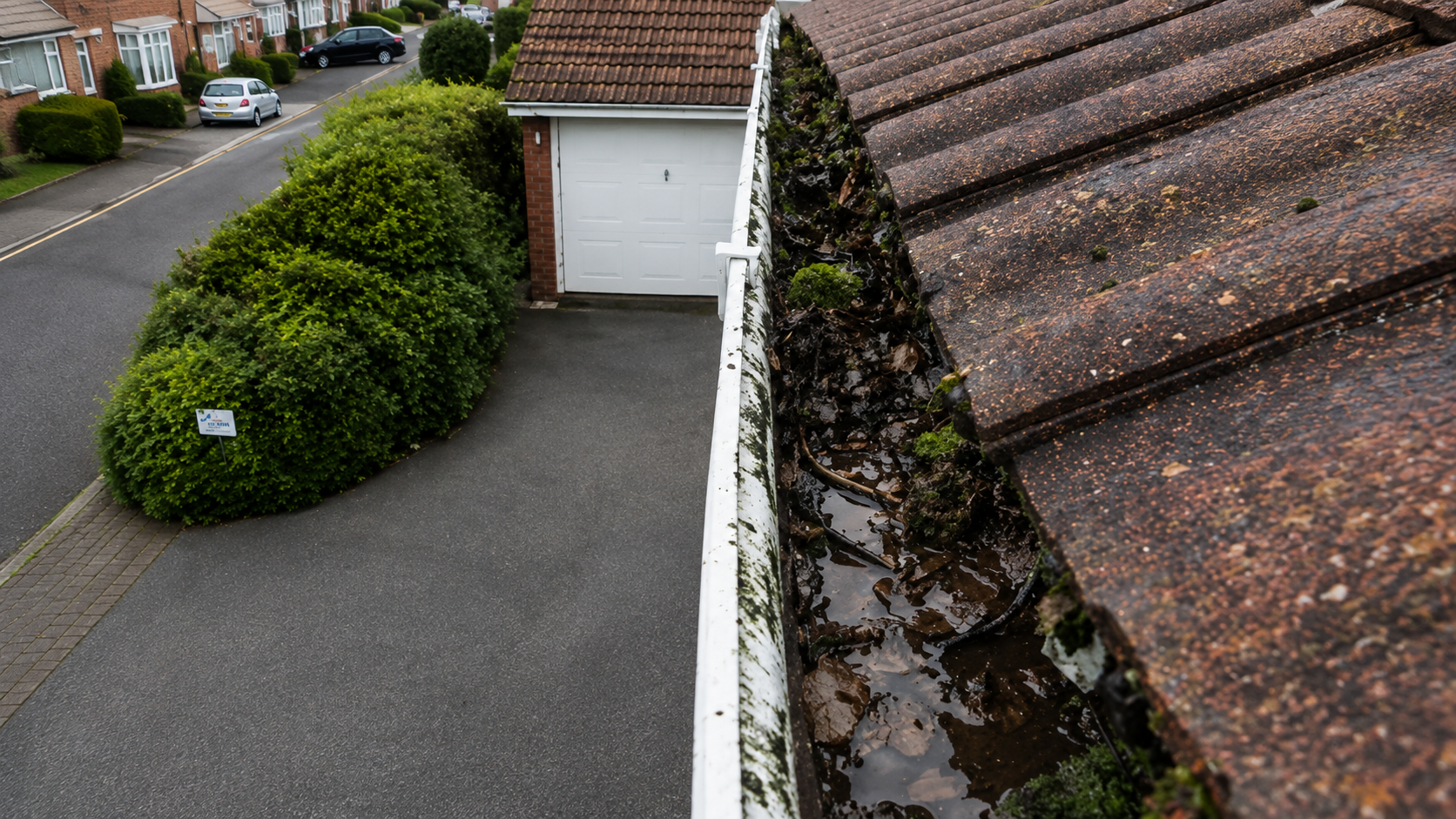 Birmingham gutter before cleaning showing accumulated moss, silt and organic debris built up from roof moss shedding